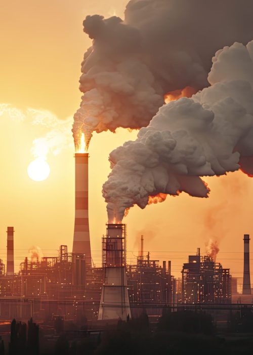 Chemical factory with smokestack Smoke from factory pipes at sunset, ecological problems and air pollution